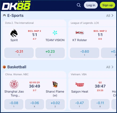 Dash King 88 live esports and basketball odds